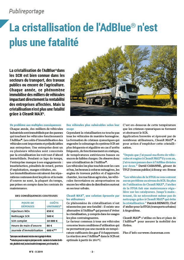 la cristallisation n'est plus une fatalité grâce a cleanr max dans le magasine les routiers de novembre 2019